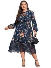 Plus Size Floral Print Belt Design Lace Hem Dress